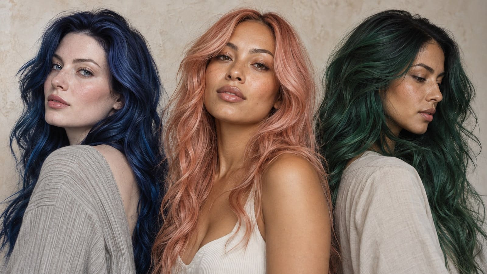 Three women with sapphire-blue, peach rose-gold, and forest-emerald hair against a neutral studio background