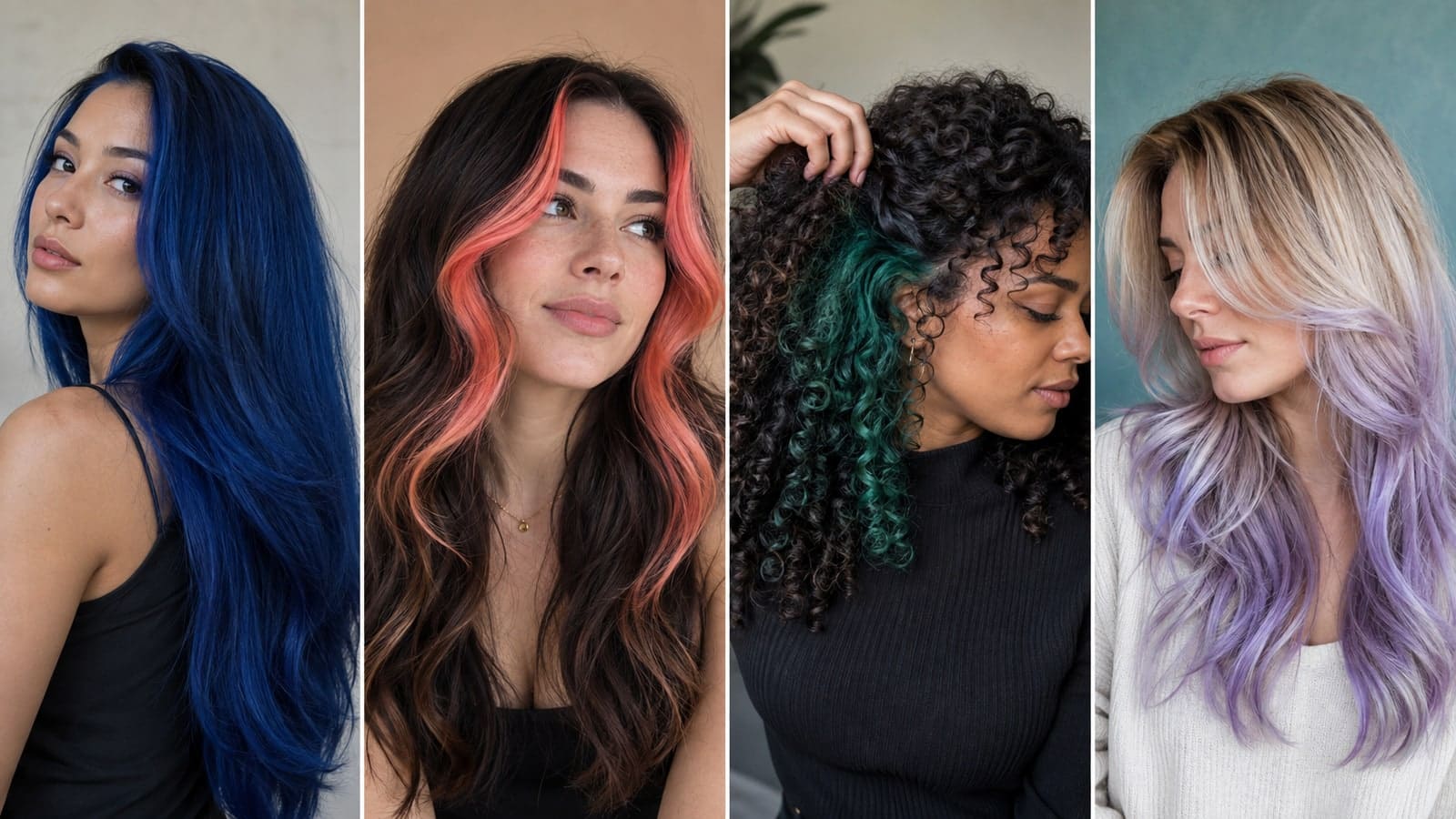 Four women show all-over sapphire blue, coral face-framing pieces, hidden emerald curls, and lavender pastel ends