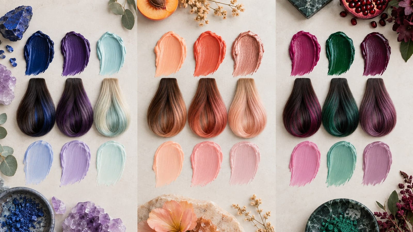 Three groups of cool blue-violet-mint, warm peach-coral-rose, and neutral magenta-emerald-berry swatches beside dark and light hair tresses