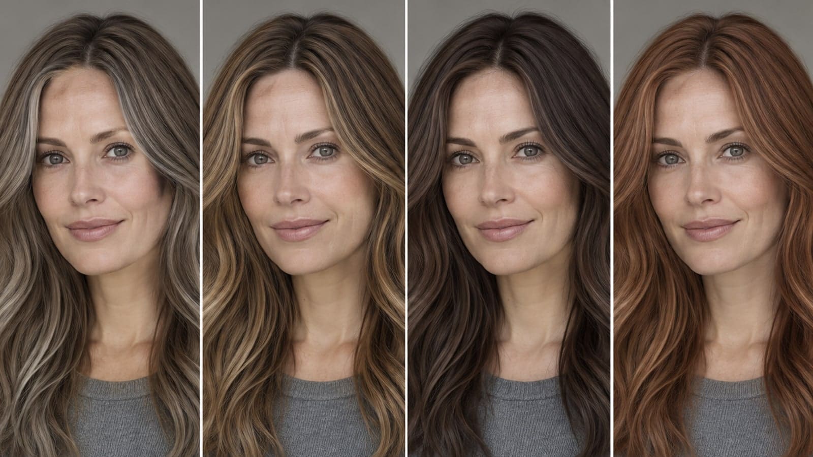 The same gray-eyed woman in six matched panels with platinum blonde, mushroom brown, caramel, dark chocolate, copper, and blue-black hair