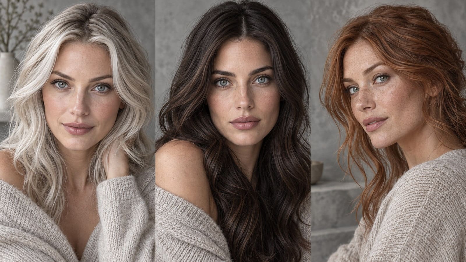 Three women with gray eyes and icy champagne blonde, deep espresso brunette, and soft copper hair