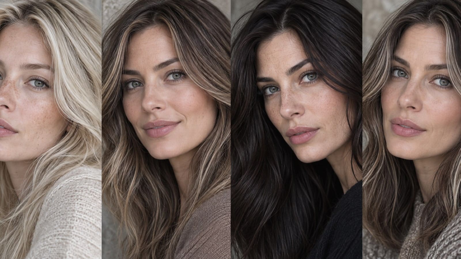 Four gray-eyed women in close views with pale blonde, dimensional mocha, dark espresso, and brunette hair with light face-framing ribbons