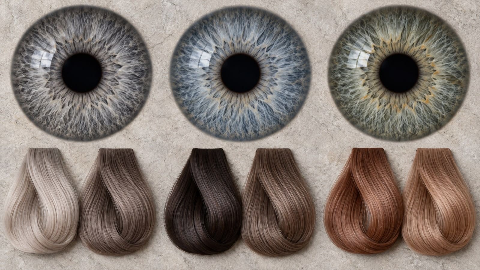 Three unlabeled iris studies showing slate gray, blue-gray, and green-gray with gold flecks above cool, dark, and copper hair swatches