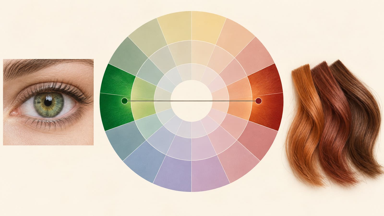 Green iris beside a color wheel with a line connecting green to opposite red and copper sectors, next to copper, auburn, and chestnut hair swatches