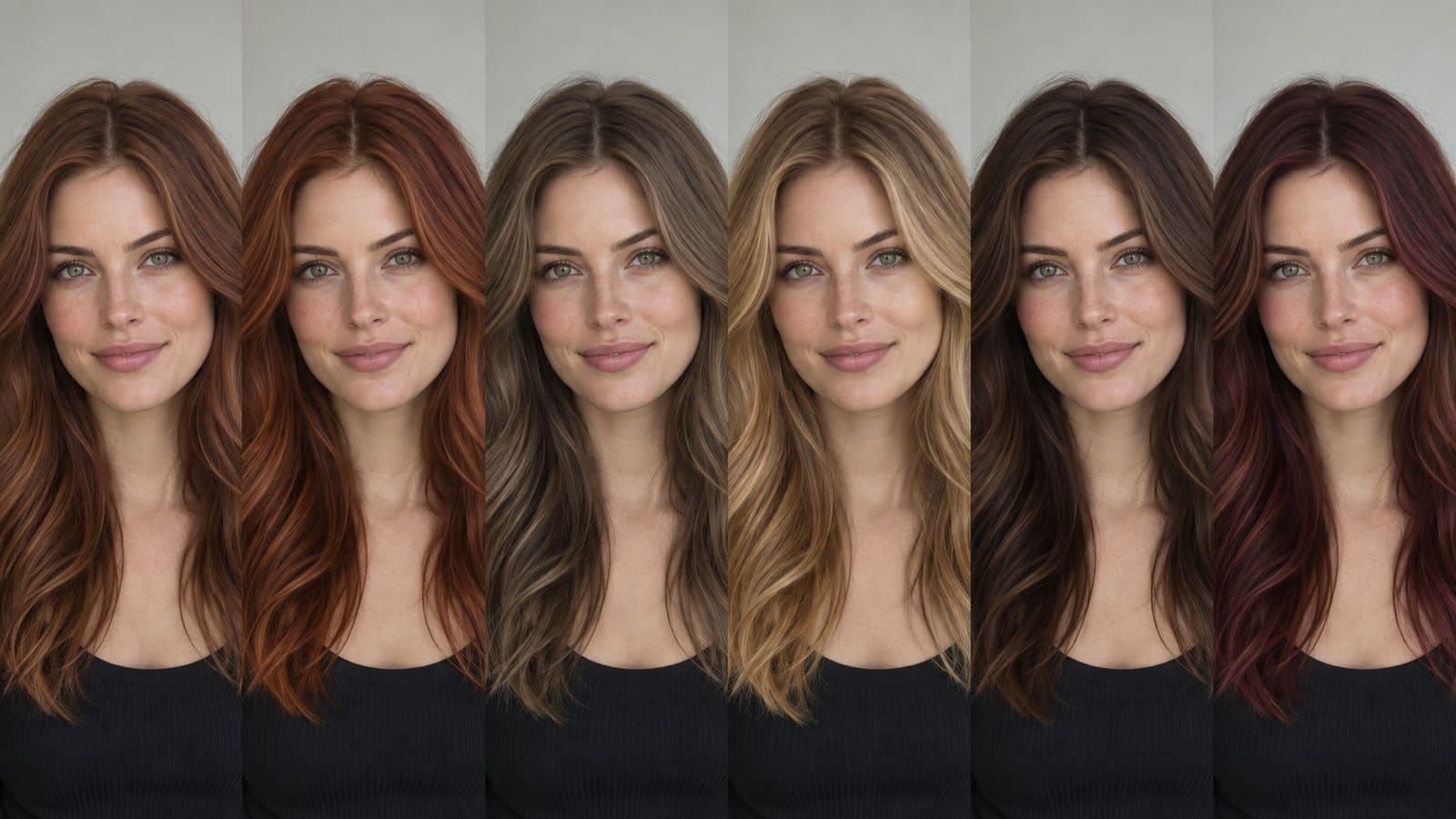 Six matched portraits of one green-eyed woman with copper chestnut, vivid copper, cool ash brown, golden blonde, dark chocolate, and burgundy hair