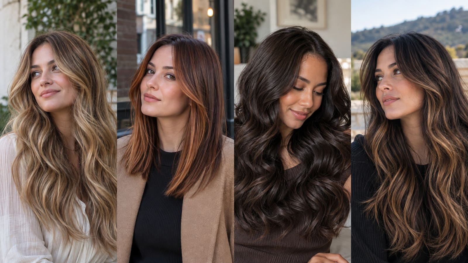 Four hair color placement examples: honey balayage, copper face framing, dark mocha gloss, and caramel ribbons
