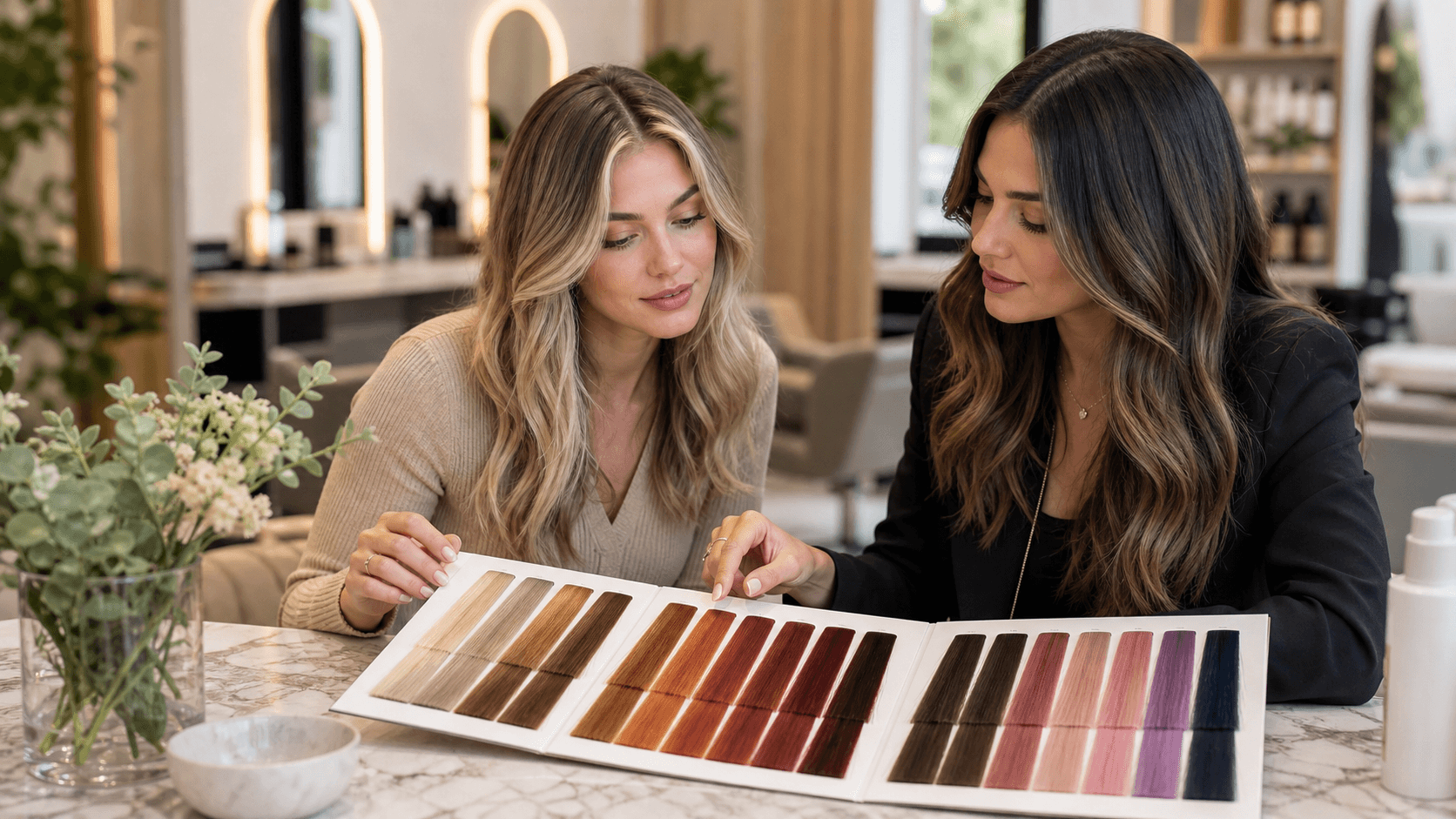 Hair color swatch book and realistic shade samples on a modern salon consultation table