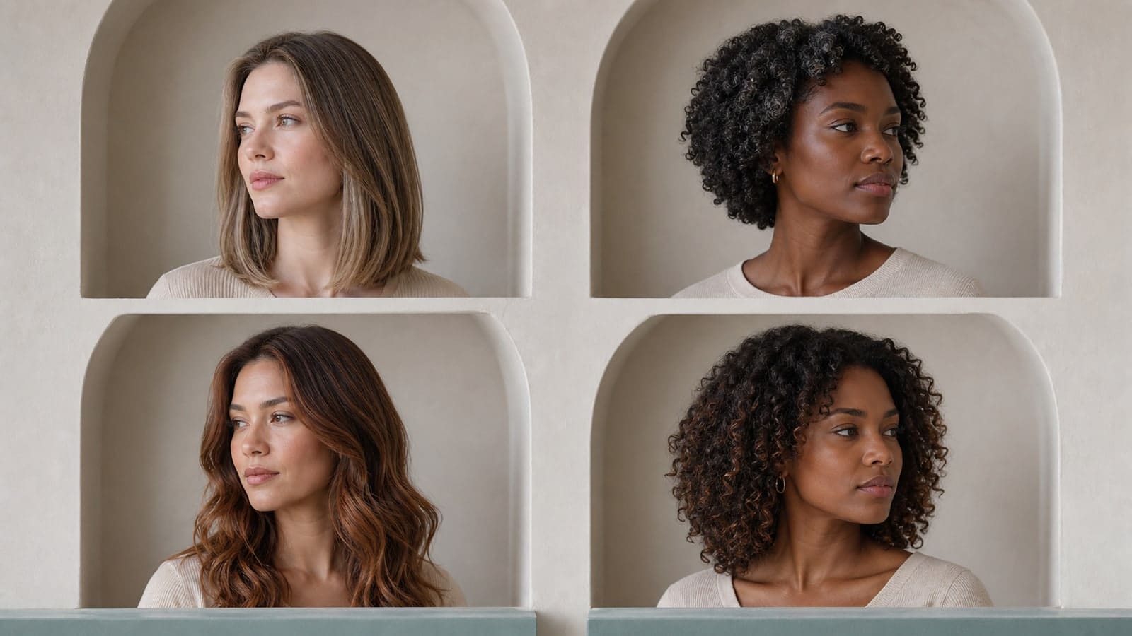 Four adults arranged as a two-by-two study compare cooler and warmer hair reflections across lighter and deeper complexion depths