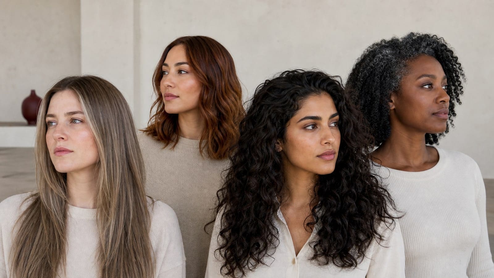 Four adults at different complexion depths compare warm, cool, neutral, and olive-leaning hair-color reflections in the same neutral studio light