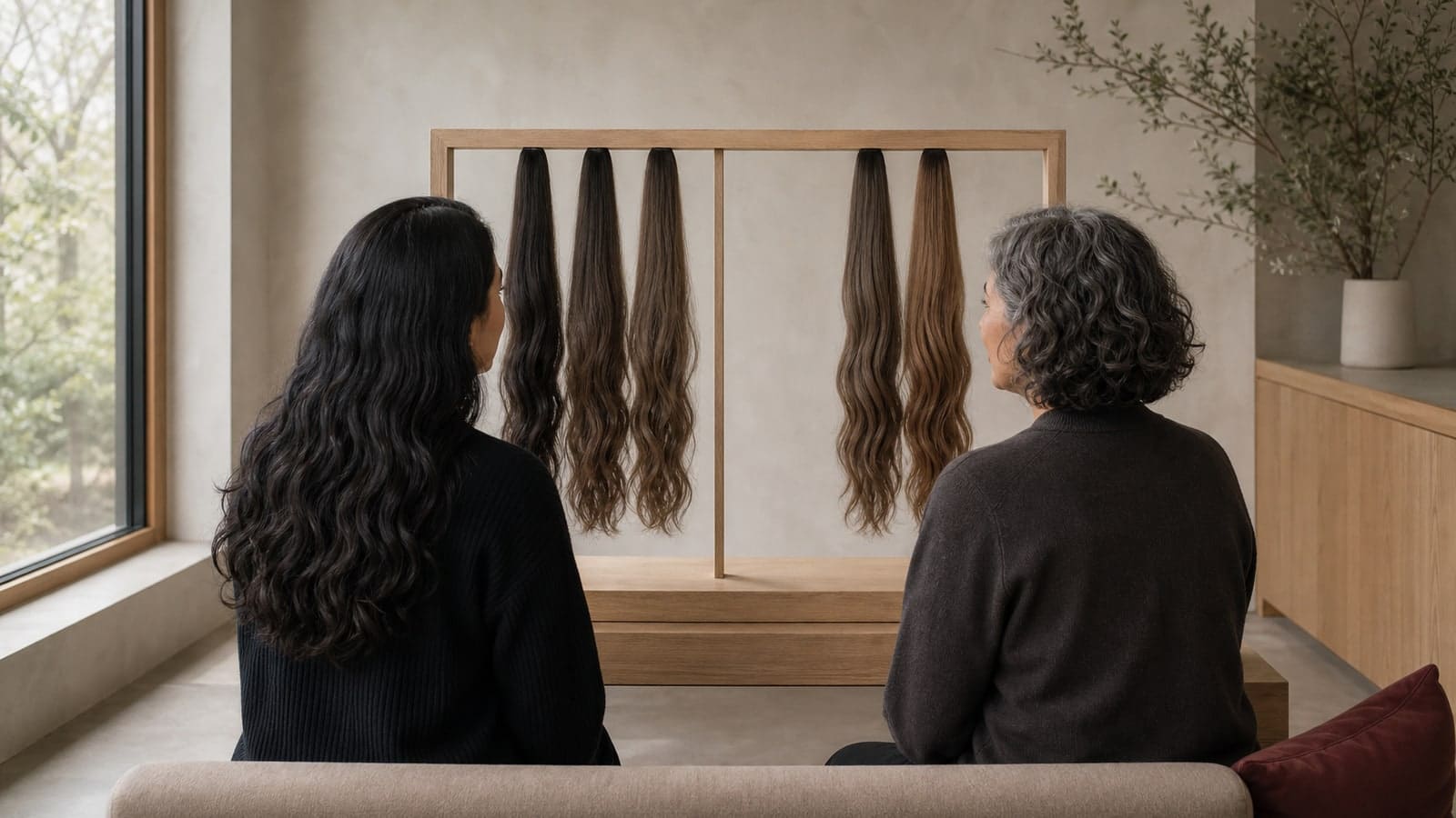 A reader with long dark waves and a colorist view five realistic hair tresses, with two directions separated from the other three