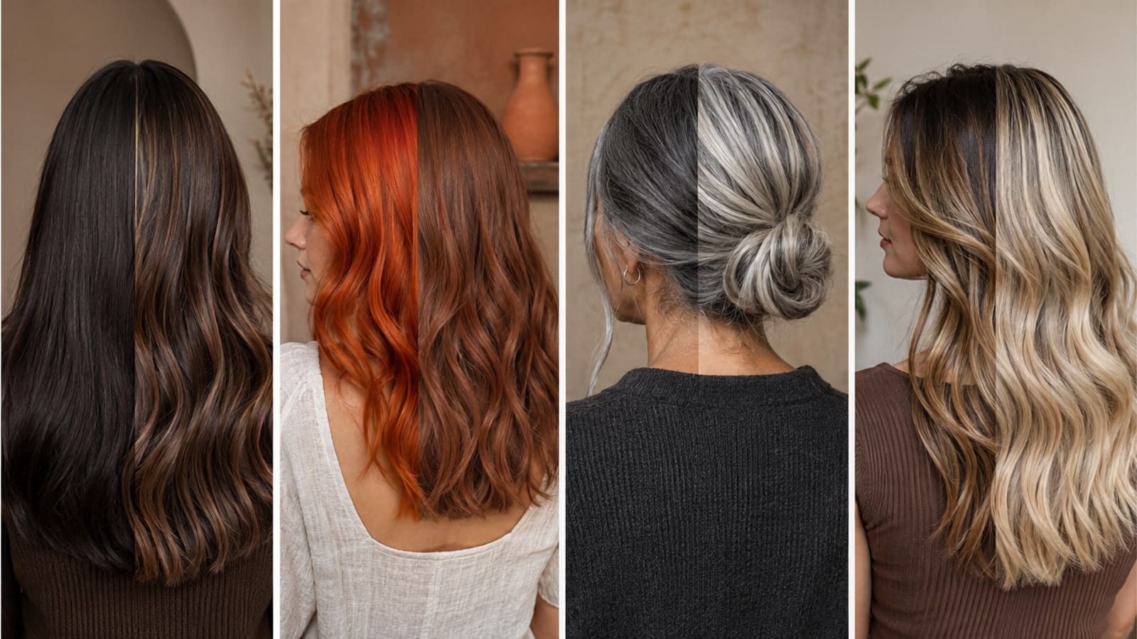 Six hair panels: platinum beside softer blonde, flat brown beside dimensional mocha, vivid orange beside muted copper, dark gray beside silver blending, rooted buttercream blonde, and glossy espresso