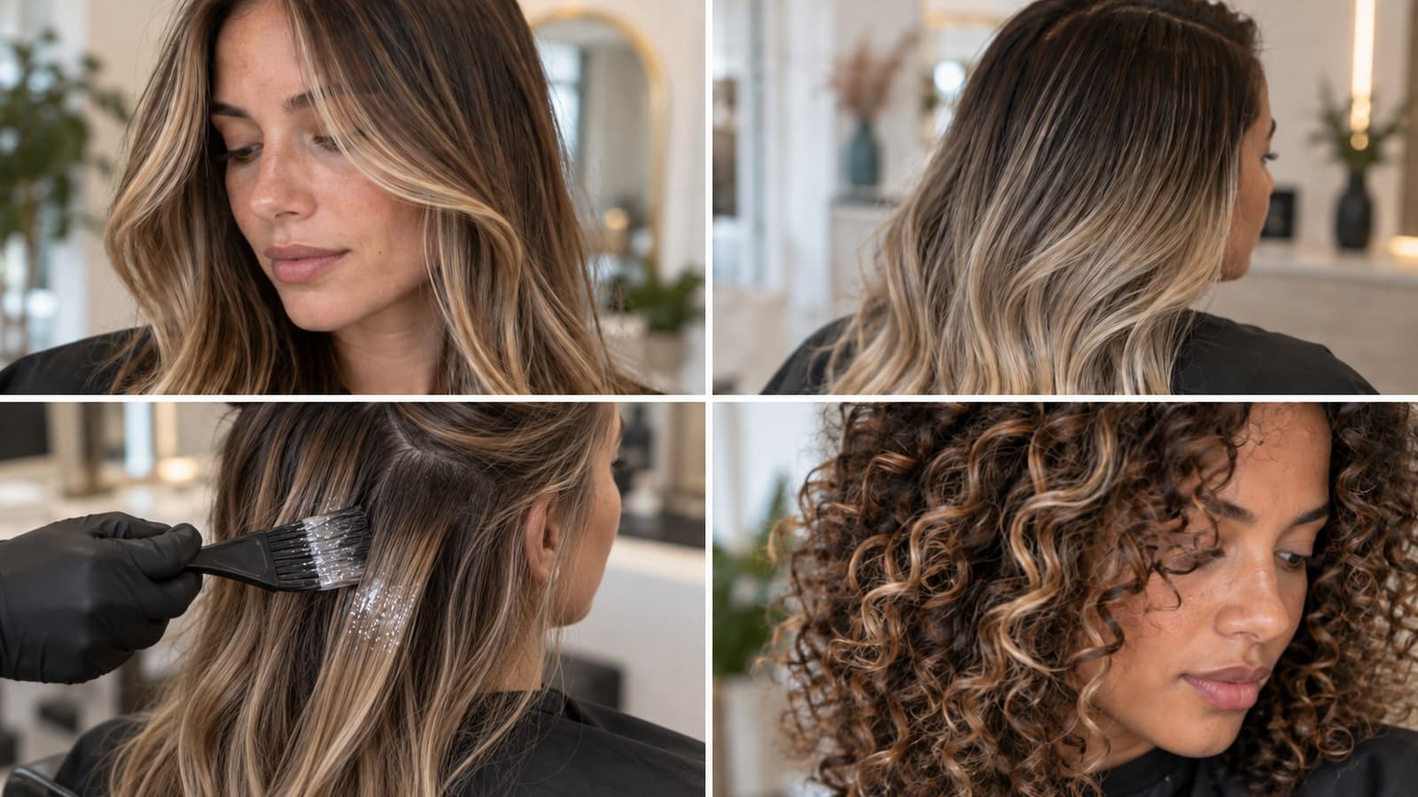 Four close-up studies of fine face-framing highlights, a softly blended root, gloss brushed onto a client's attached hair, and painted dimension on curls