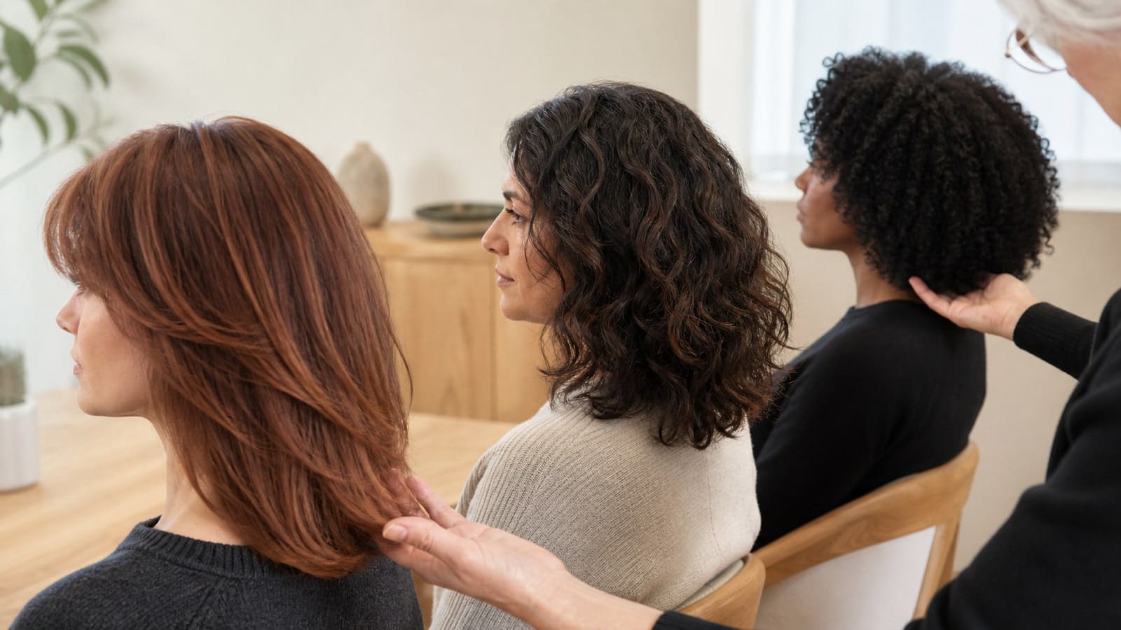 A stylist checks the dry ends of three adults with fine straight hair, dense waves, and dense coily hair in one consultation