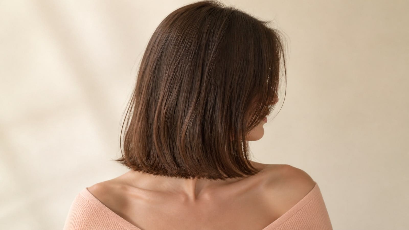 Back-three-quarter view of a chestnut wavy lob with a softly blunt perimeter ending at the collarbones