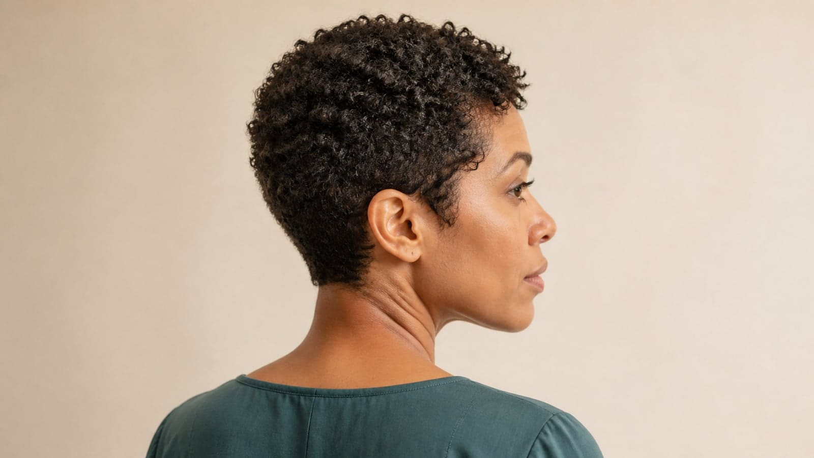 Back-three-quarter view of a dense curly pixie with an ear-level edge, compact crown, and tapered nape
