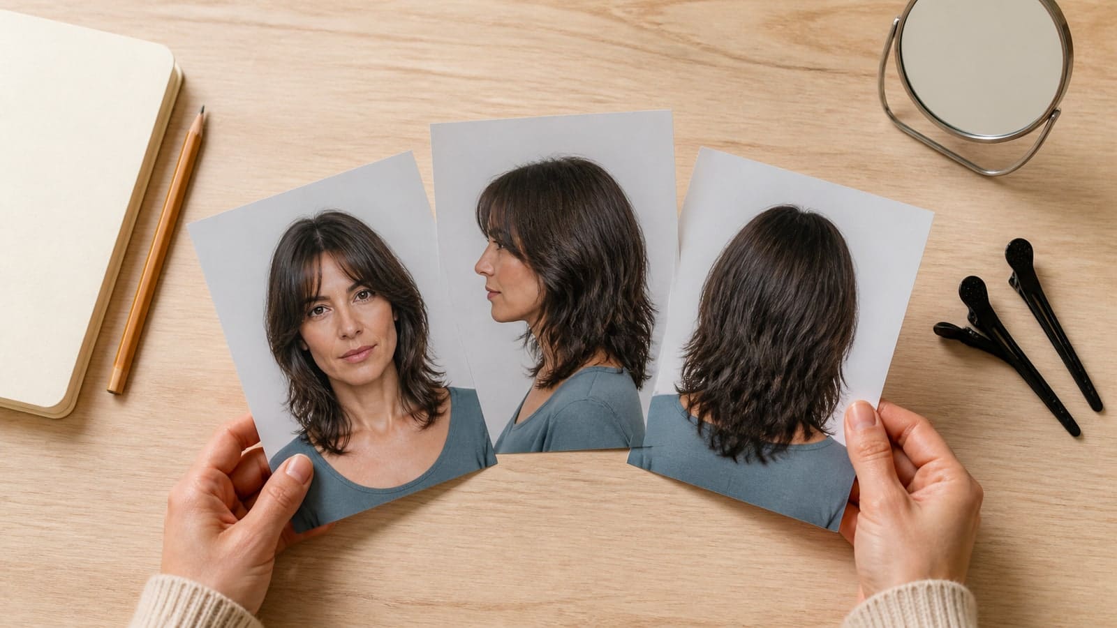 Overhead view of three reference photos showing the same shoulder-length layered haircut from the front, side, and back beside a blank notebook