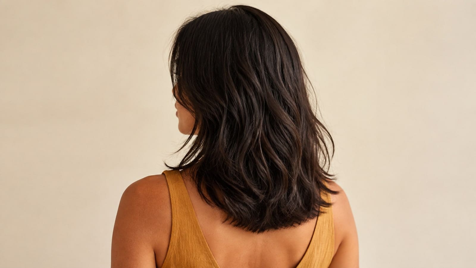 Back view of dark wavy shoulder-length hair with visible internal layers and a retained lower perimeter