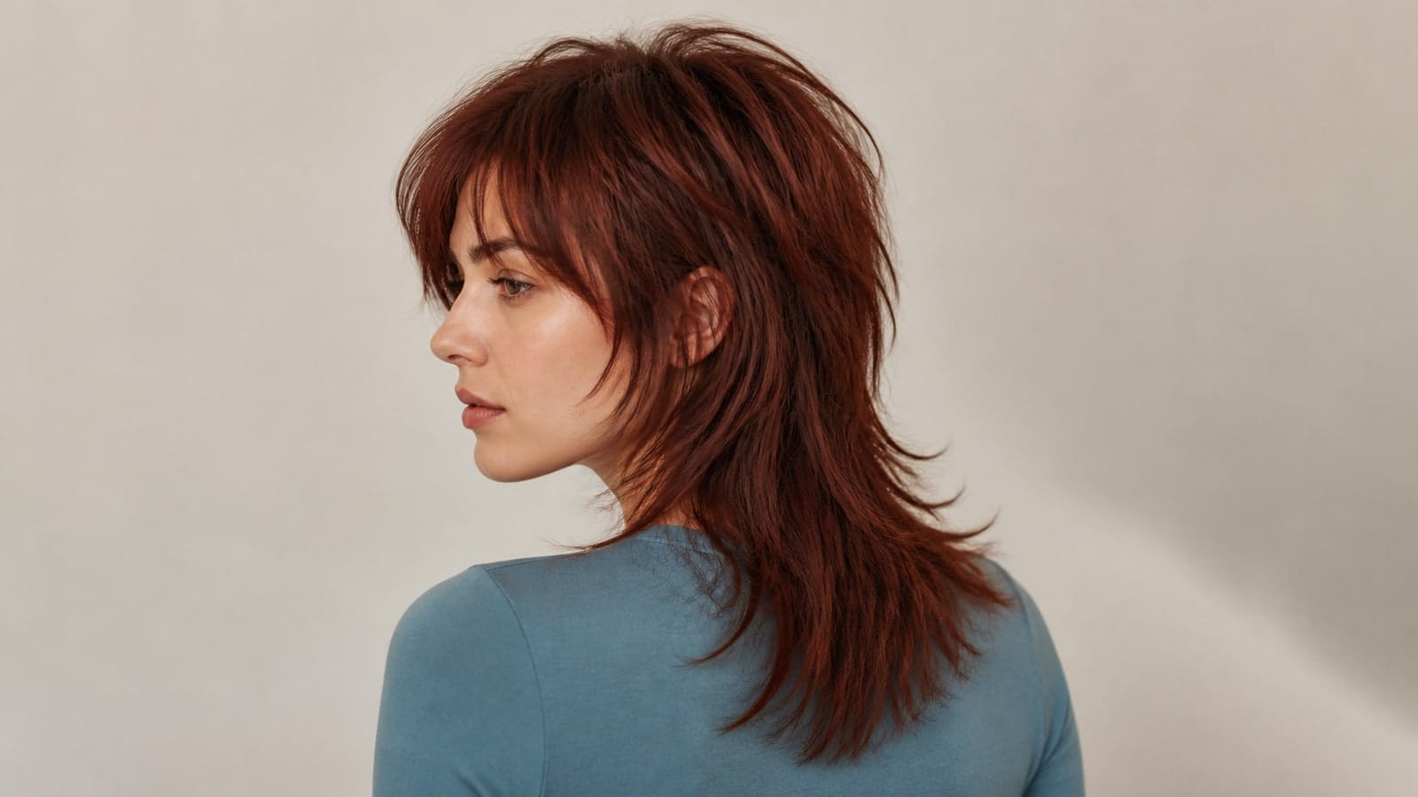 Profile-to-back view of an auburn wolf cut with short crown layers, separated fringe, and a longer tapered back