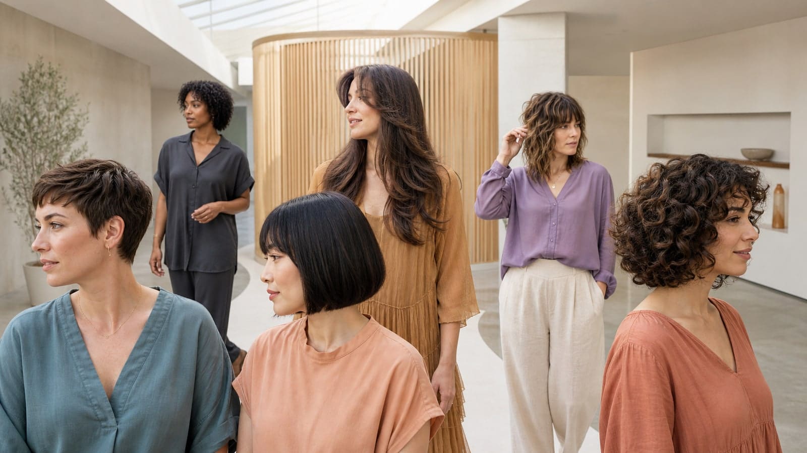 Six adults in a daylight salon showing a pixie, curly crop, long layers, blunt bob with bangs, shag, and curly bob