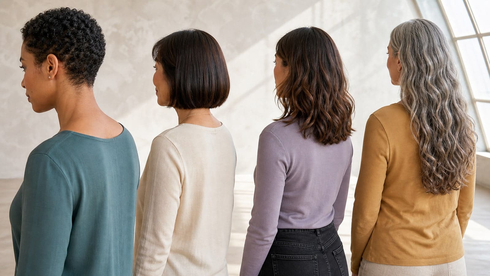 Four adults shown from the back with an ear-length crop, neck-length bob, collarbone waves, and long silver waves ending at the chest