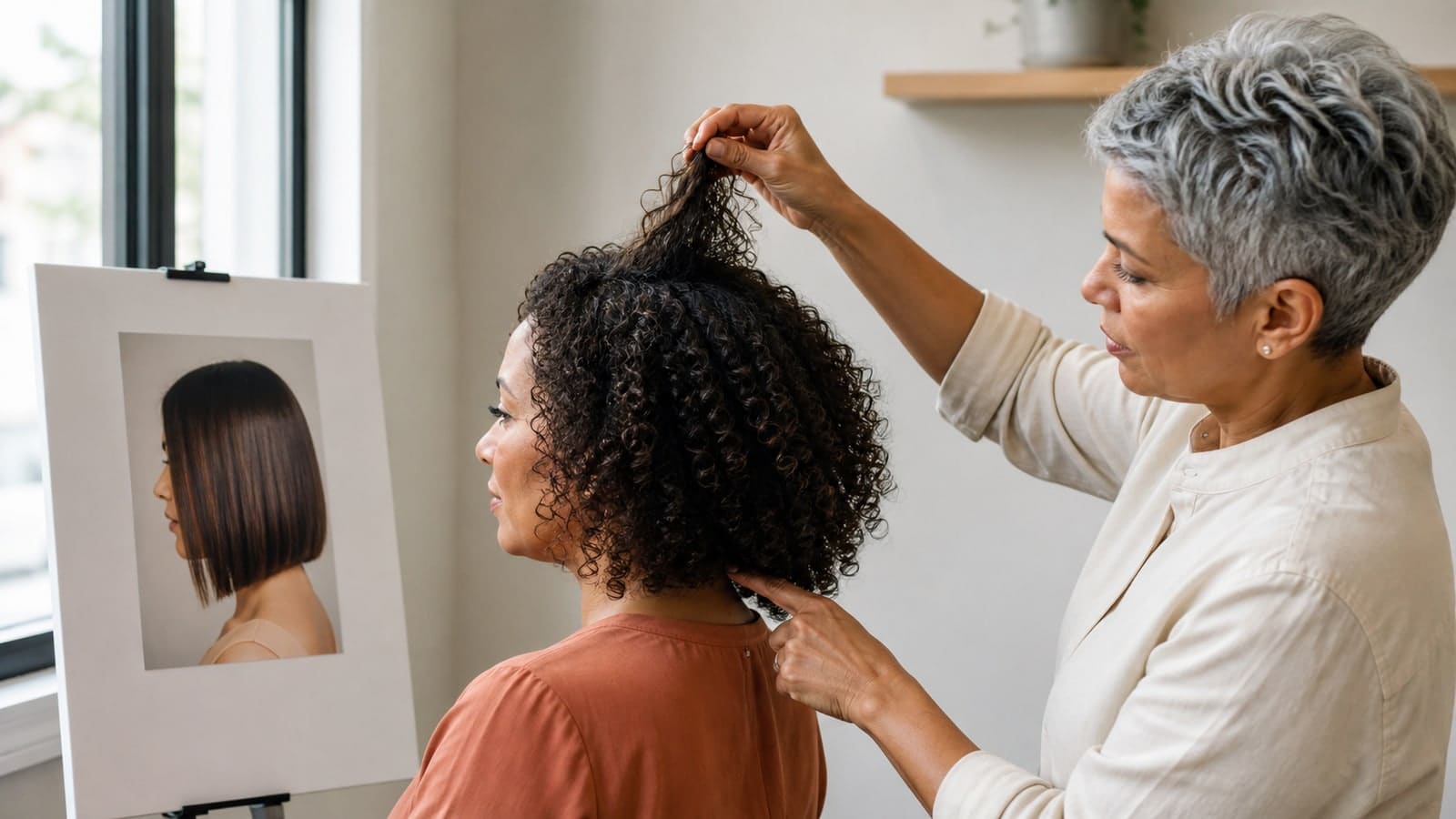 A hairstylist lifts a client’s dry curls while comparing their shape with a straight shoulder-bob reference photograph