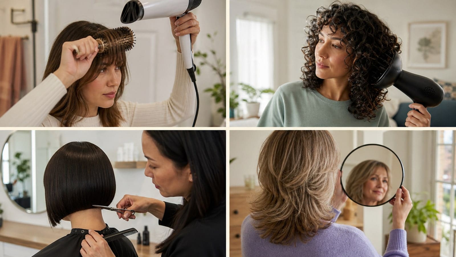 Four salon scenes show fringe brushing, curl diffusing, a precision bob trim, and checking a grown-out layered cut