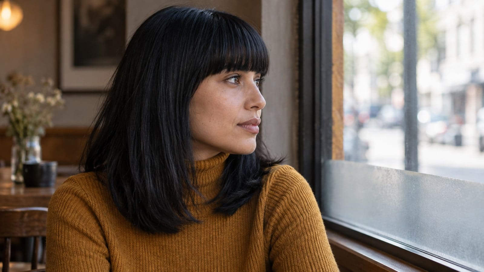 Woman in profile at a cafe window with dense straight black bangs forming a continuous brow-level horizontal edge