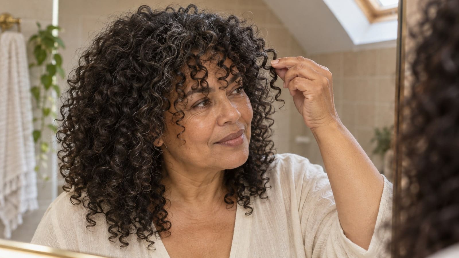 Woman separating one dry curl near her brow, showing dense curly fringe with varied endpoints and subtle gray strands