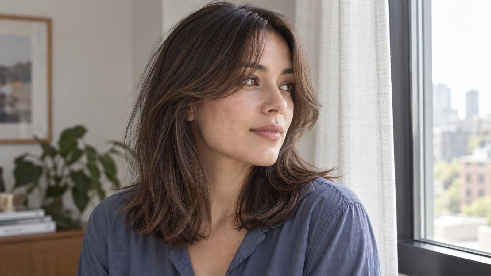 Woman by an apartment window with a natural center opening, brow-length curtain pieces, and longer sides sweeping toward the cheekbones