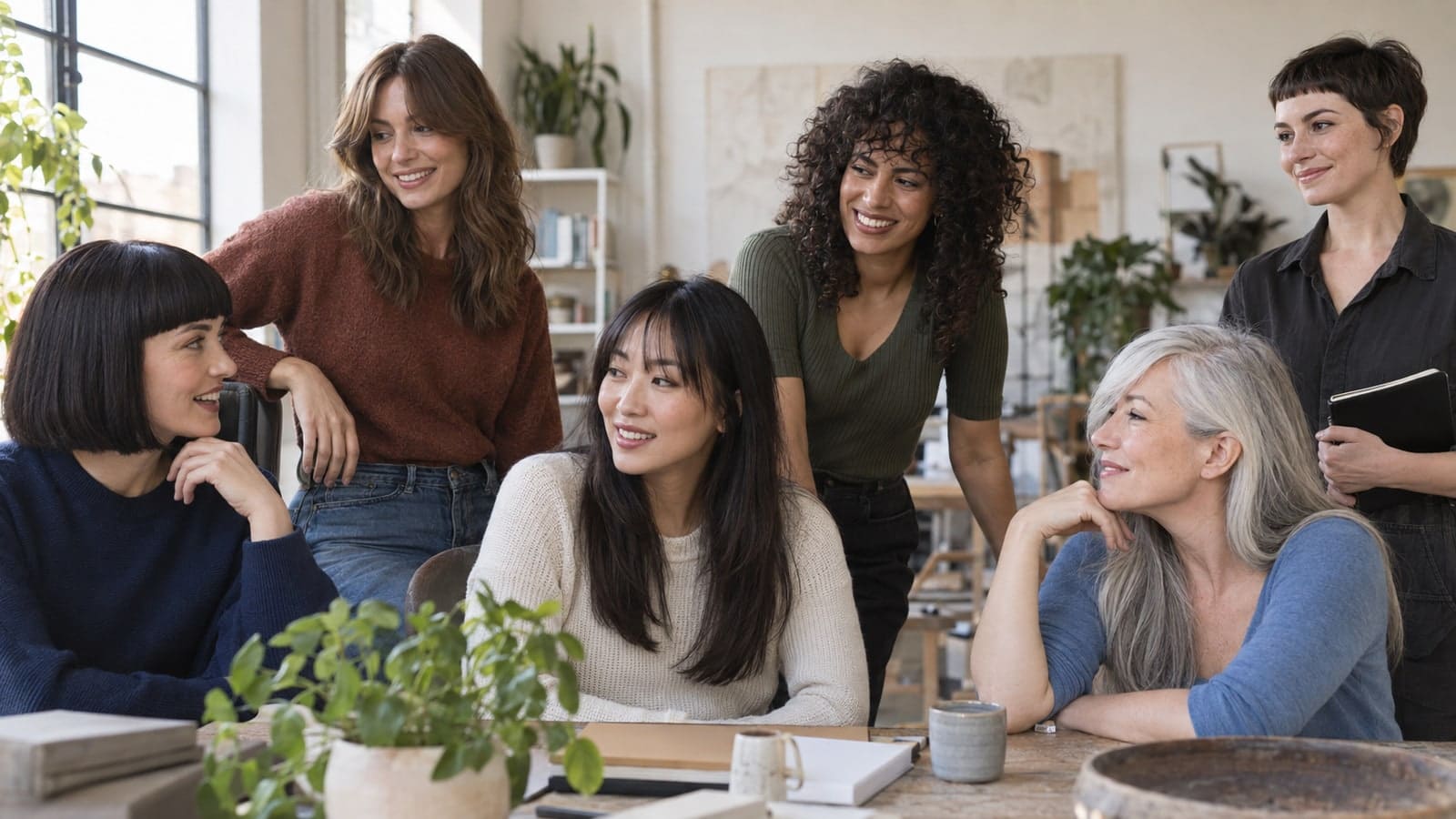 Six women gathered around a studio table with blunt, curtain, wispy, curly, side-swept, and short fringe styles