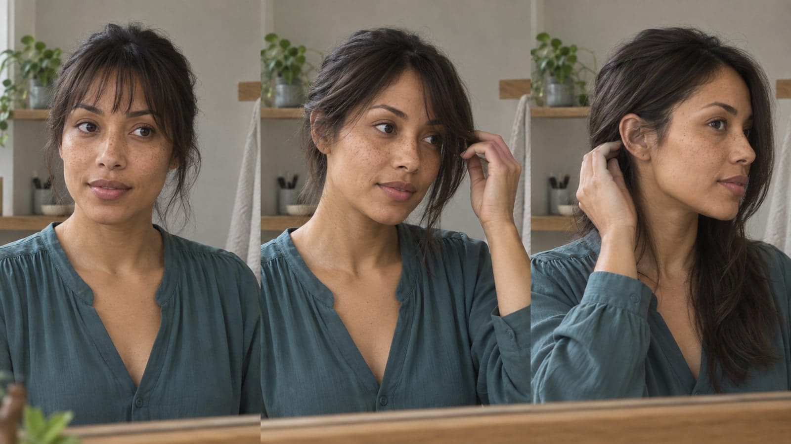 The same woman in three connected views with fresh wispy fringe, a longer side-connected stage, and long fringe tucked behind one ear