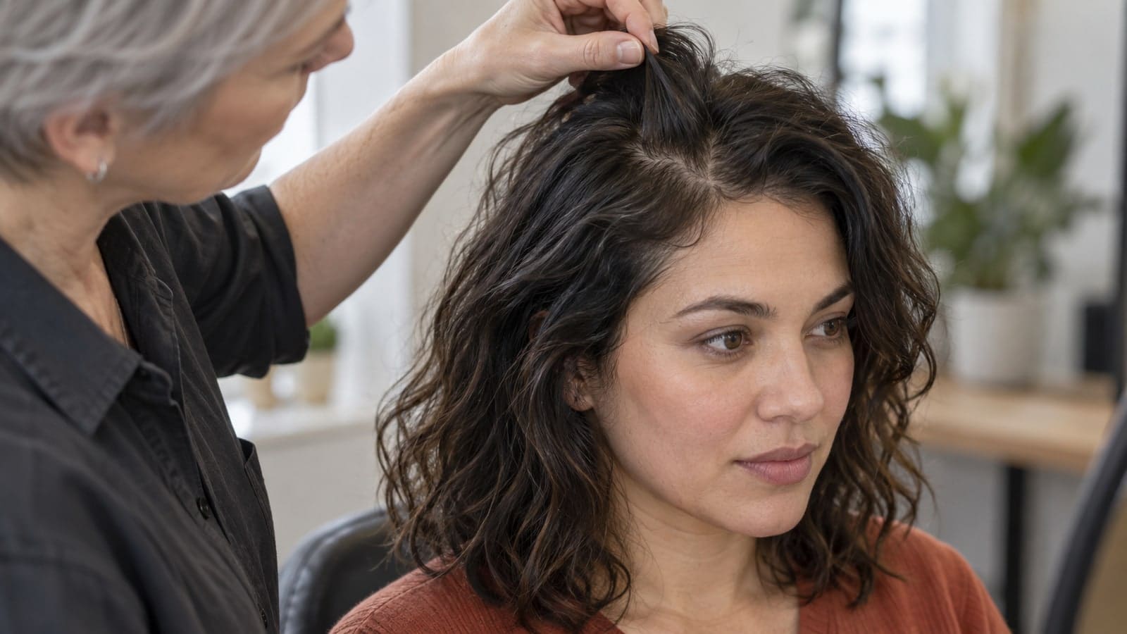 Stylist lifting a small dry front section to reveal a client’s natural hairline separation and changing root directions