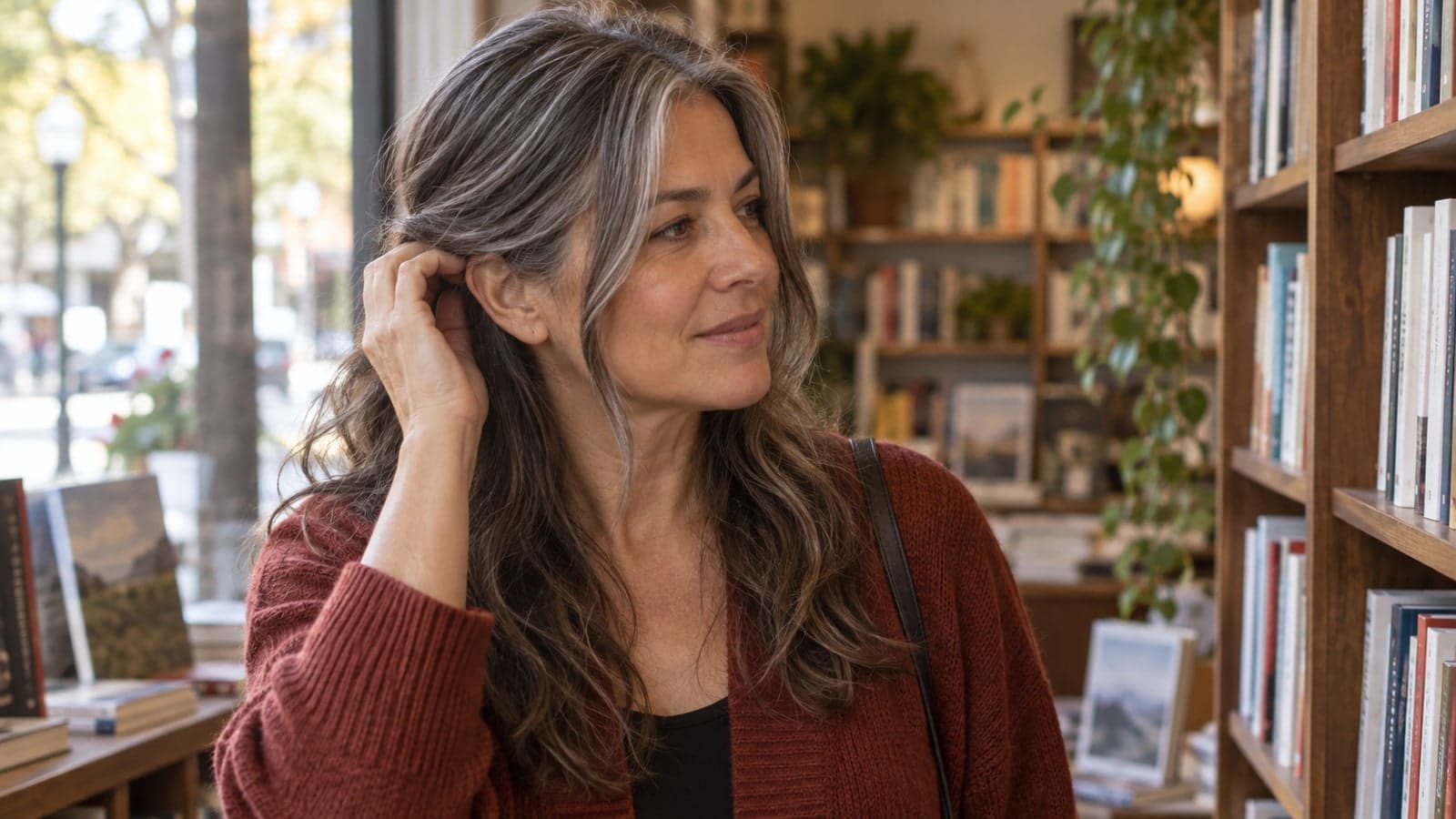 Woman in a bookstore tucking one long salt-and-pepper fringe section behind her ear while the other falls toward the jaw