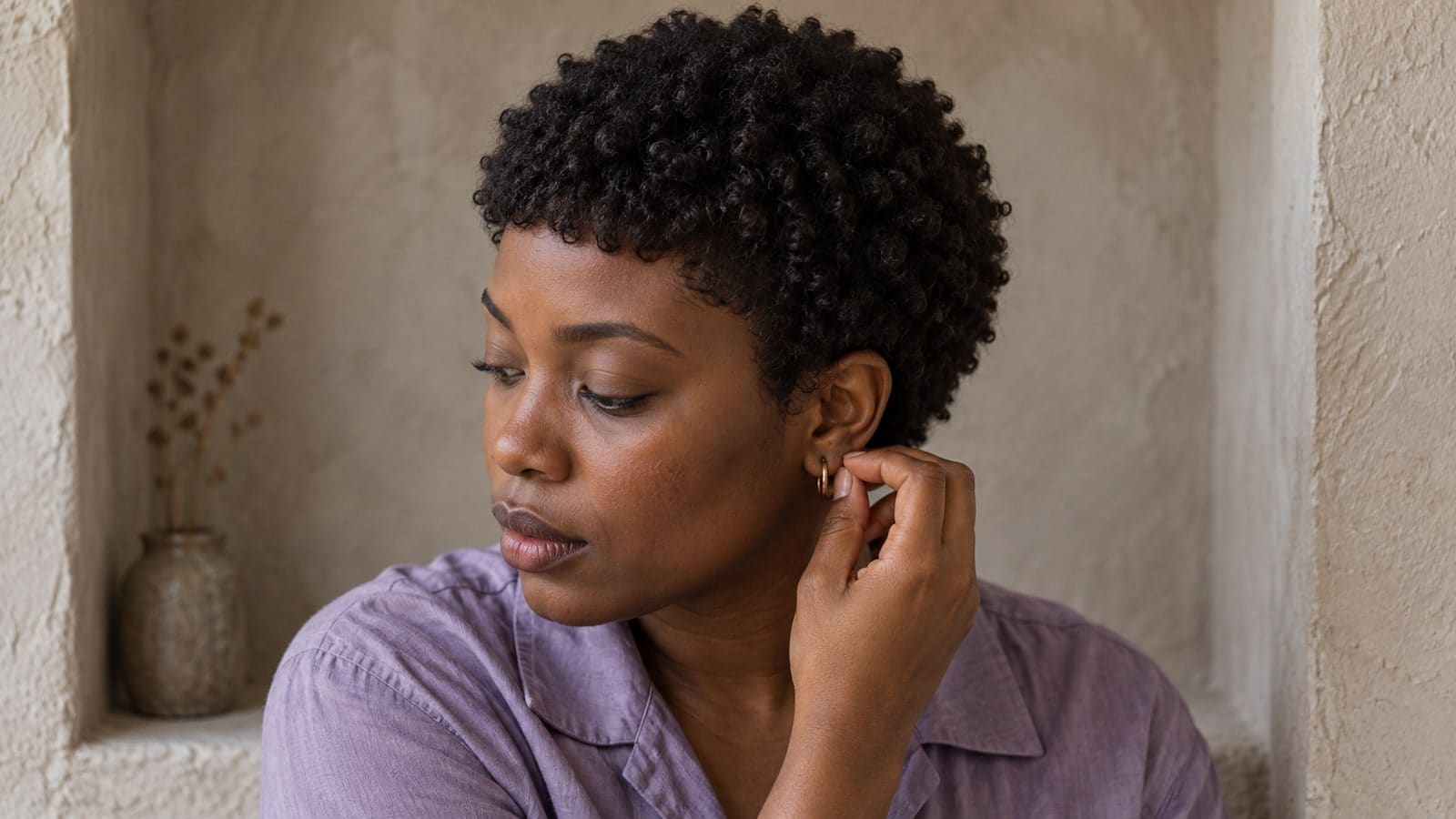 Woman adjusting an earring with short coily micro bangs forming a compact curved edge above the brows