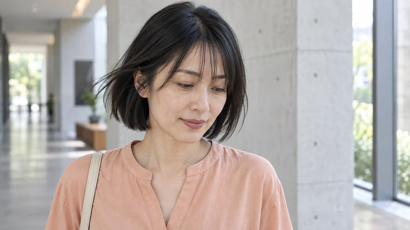 Woman walking through a bright interior with sparse brow-skimming wispy fringe, visible spaces, and fine temple pieces