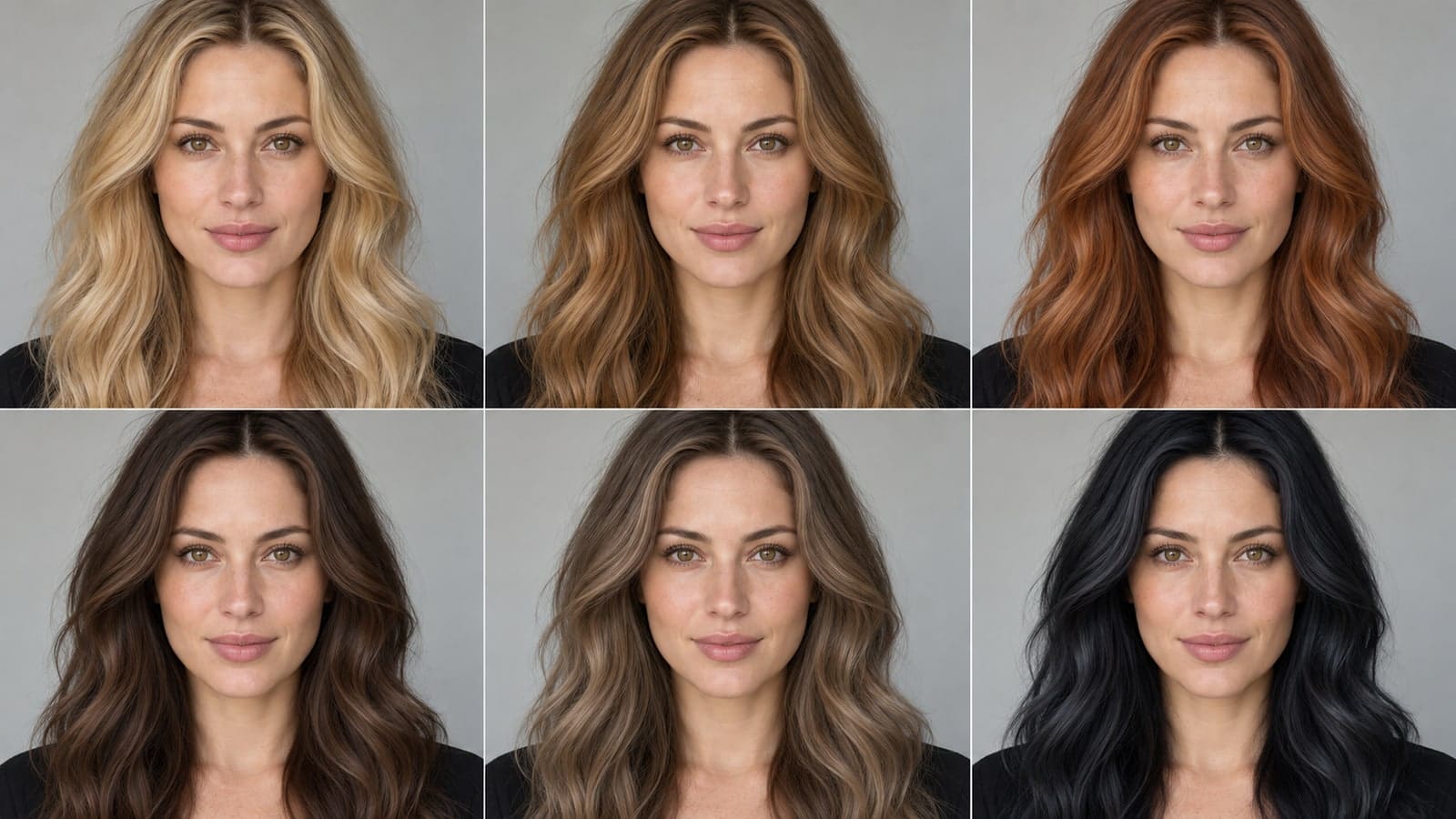Six views of one hazel-eyed woman with golden blonde, caramel brown, copper chestnut, chocolate brown, ash brown and blue-black hair