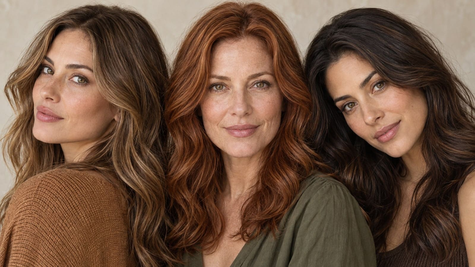Three hazel-eyed women with caramel brown, copper auburn, and dark chocolate hair