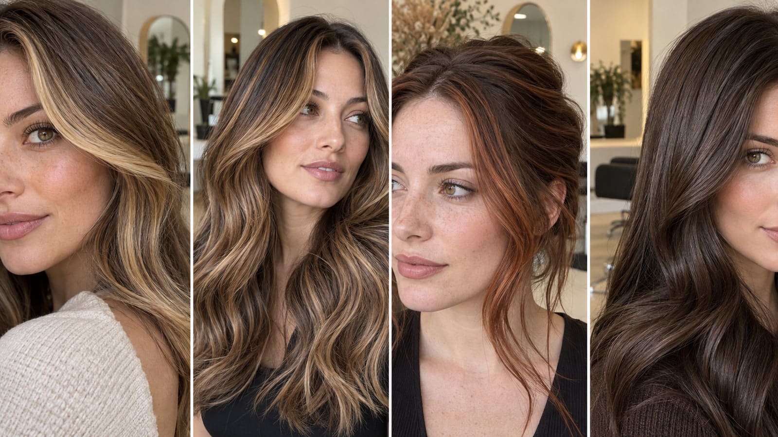 Four hair color details: a golden money piece, toffee balayage, copper face-framing ribbons and dark chocolate gloss