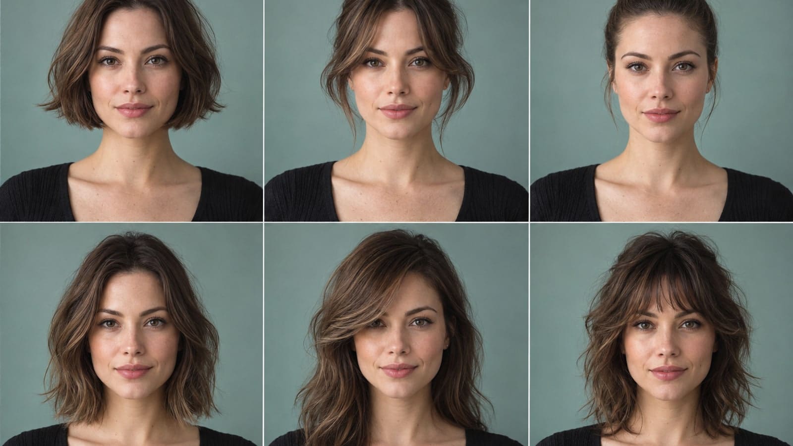 Six views of one adult with a textured bob, curtain fringe, high bun, lob, side-swept fringe, and shag