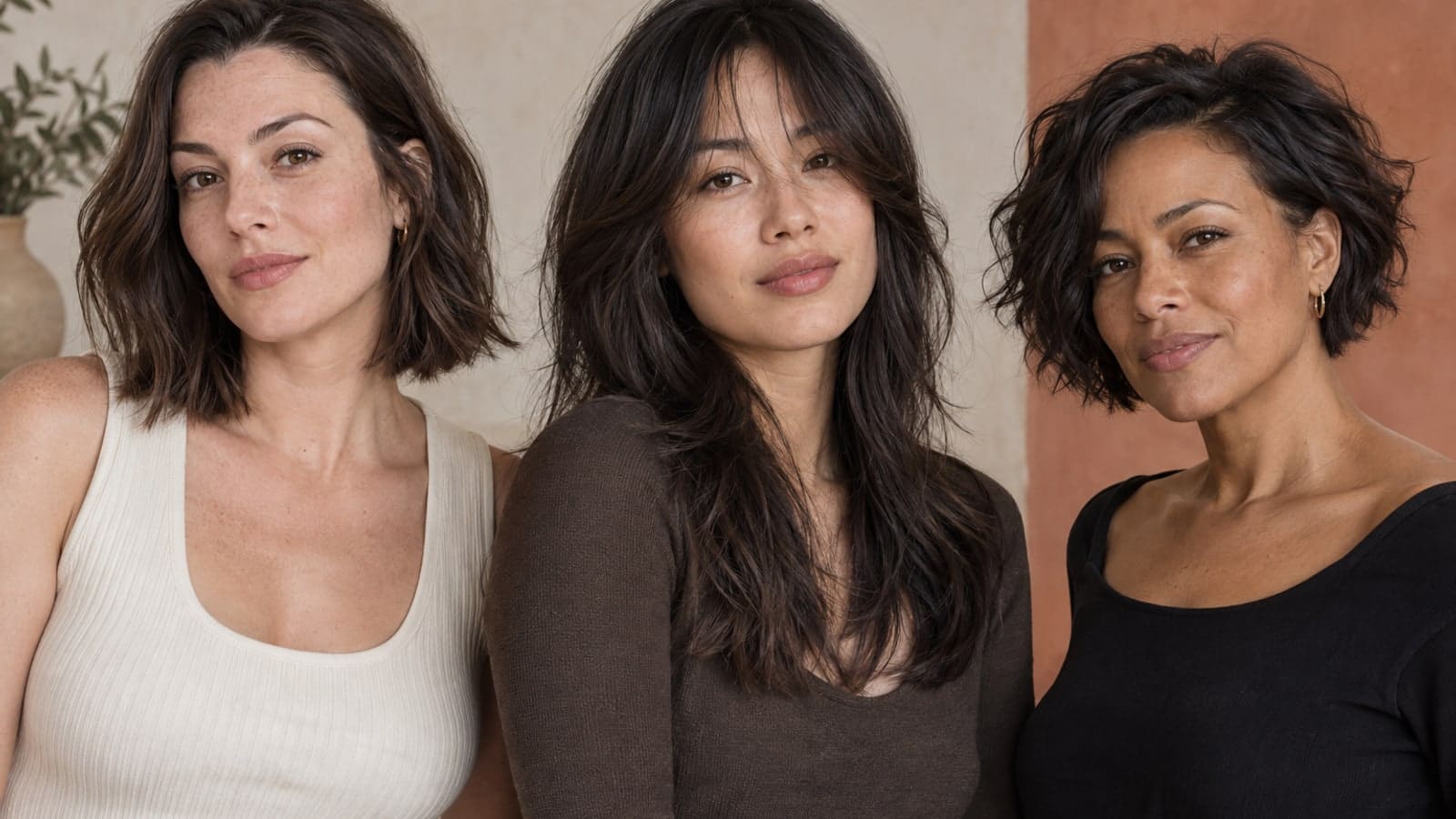 Three adults with a textured bob, curtain-framed long layers, and a short tousled bixie