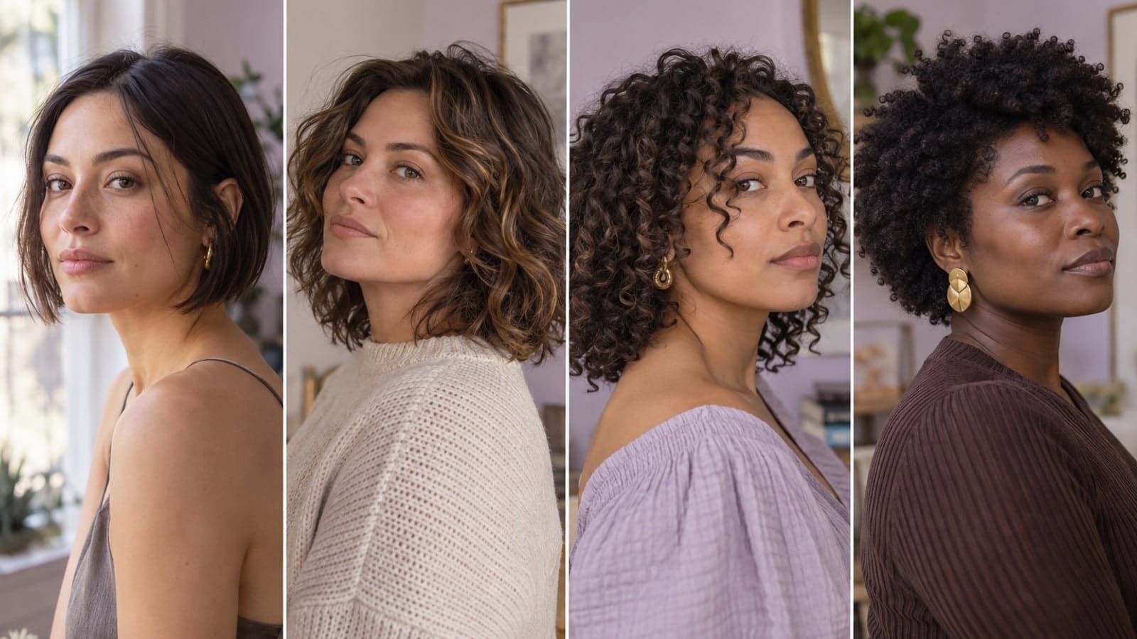 Four adults with a straight bob, wavy lob, loose curls, and tightly coiled hair showing different side volume
