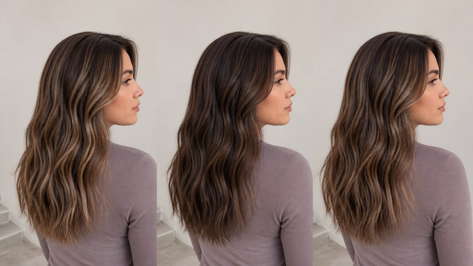 The same brunette model shown with lighter ash-beige highlights, deeper cool-mocha lowlights, and a mixed highlight-and-lowlight pattern