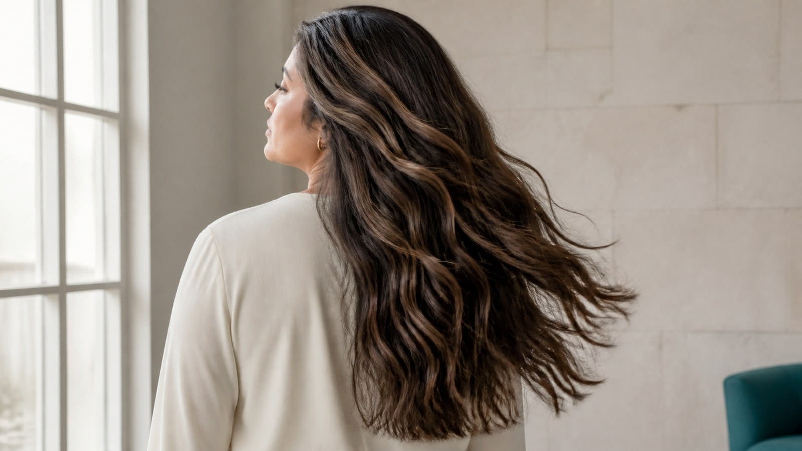 Long wavy dark-brunette hair moving in window light with neutral-beige highlights and deeper cool-mocha interior ribbons