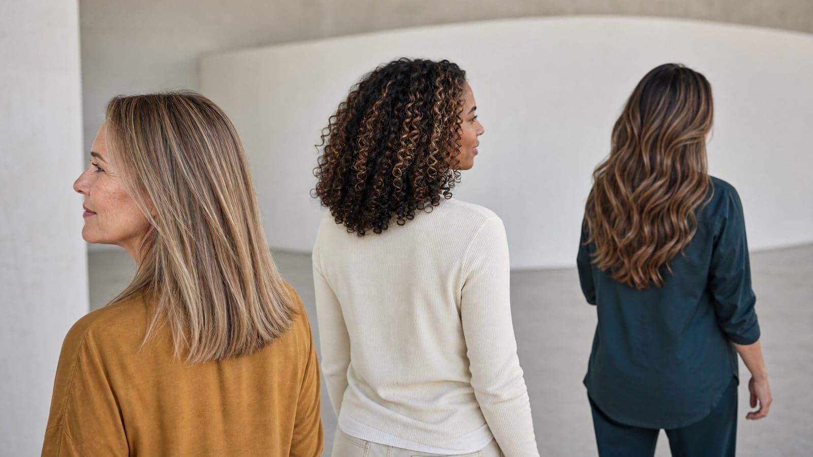 Three adults in staggered back and side views show fine ash-beige babylights, warm partial highlights on curls, and broader full-head caramel dimension