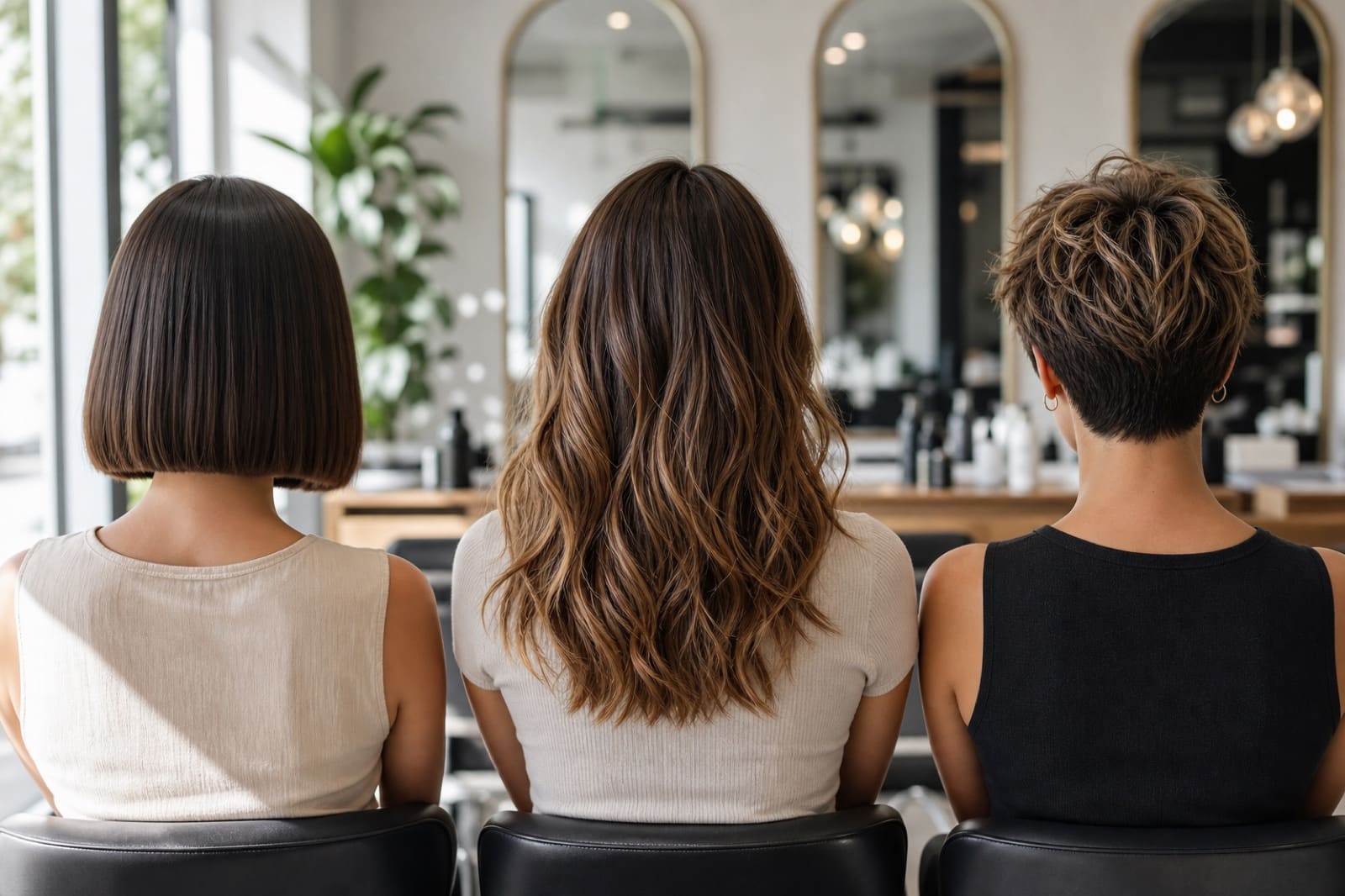 Different hairstyle and haircut lengths including bob, layers, bangs, pixie, and long waves