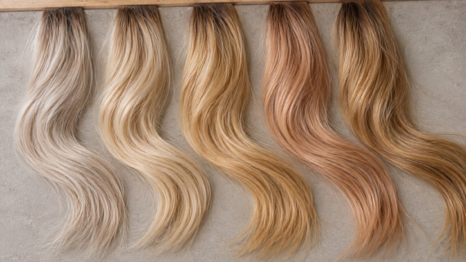 Five light hair ribbons progressing from cool pearl beige through creamy beige, flaxen gold, and strawberry peach to richer honey gold