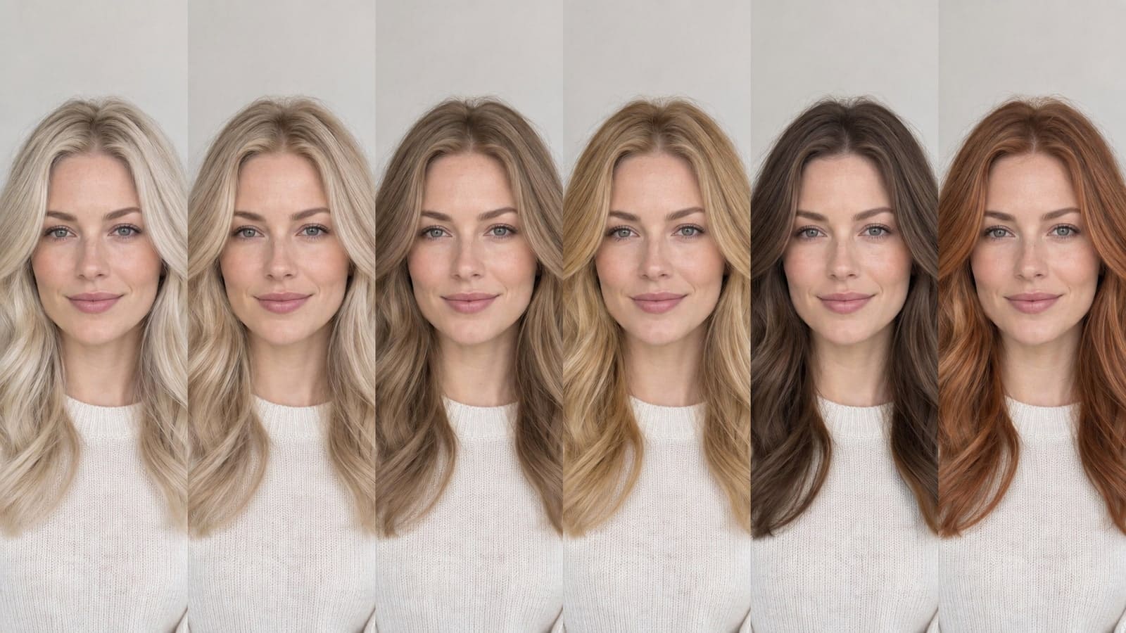 Six views of one woman with pearl blonde, cool champagne, light ash brown, golden blonde, dark chocolate, and copper hair