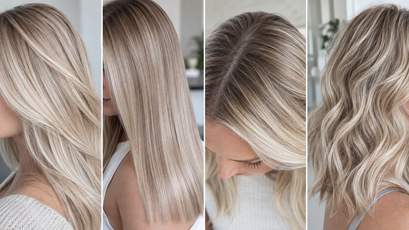 Four close views showing fine blonde babylights, cool beige gloss, a softly blended root, and pale dimensional waves