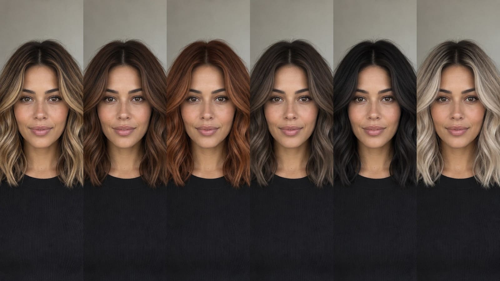 Six views of one woman with medium skin and the same hairstyle in caramel blonde, chestnut, copper, cool mocha, soft black, and rooted pale ash hair
