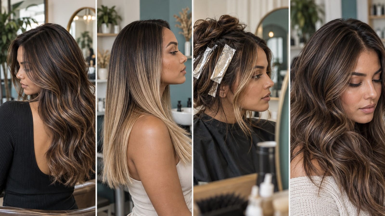 Four medium-skin hair color examples showing caramel balayage ribbons, a soft dark root, face-framing foils, and glossy mocha brunette